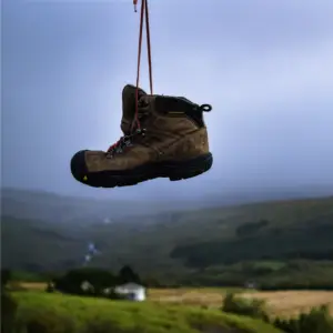 Une meilleure chaussure de randonnée suspendue par des lacets contre un paysage montagneux brumeux.