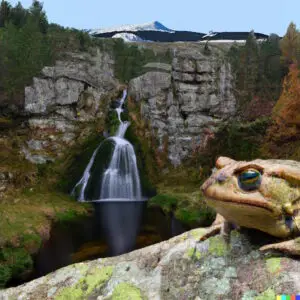 Un grand Crapaud du Sabat du Mézenc trône sur un rocher au premier plan, surplombant une cascade pittoresque entourée de falaises rocheuses et d'une verdure luxuriante, avec des montagnes enneigées en arrière-plan.