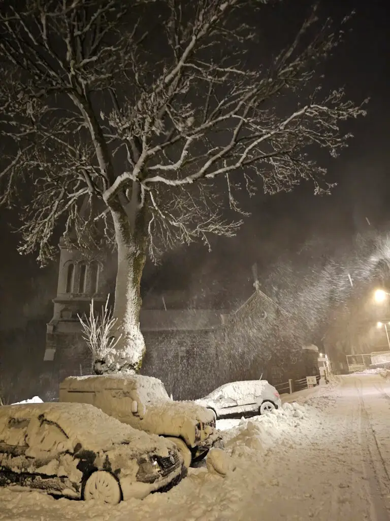 La burle de Chaudeyrolles recouvre l'arbre et les voitures garées dans une rue enneigée la nuit, doucement éclairée par la chaude lueur des lampadaires.