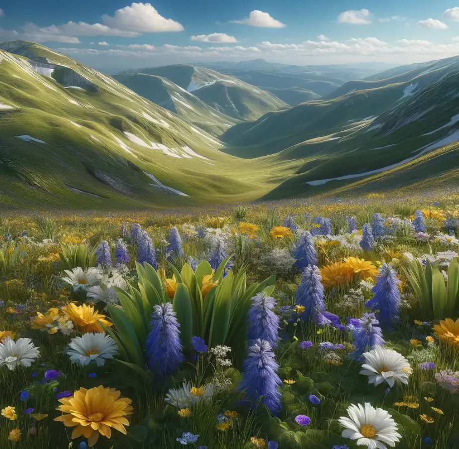 A peaceful photograph of a low-altitude mountain meadow in early spring, adorned with a colorful array of wildflowers. The scene shows gently rolling hills under a clear blue sky, dotted with vibrant flowers such as yellow gentians, white daisies, and purple bellflowers, evoking a tranquil and lush atmosphere perfect for articles or stories related to mountain flora or gentle hikes.