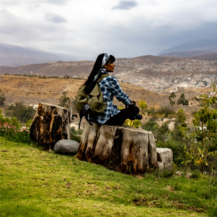 A woman sits on a large tree stump overlooking a valley, with a cloudy sky above and dry, rolling hills in the distance. She has a backpack and is wearing a plaid shirt, ready for her hike.