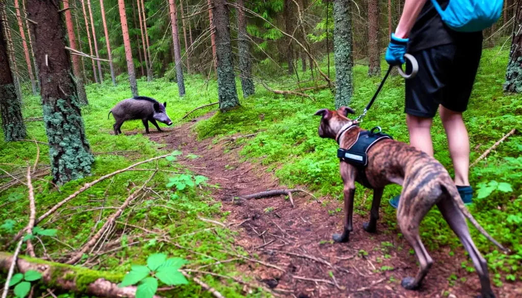 Hiker on a dense forest trail, holding a dog on a leash. The dog is alert and looks at a boar in the distance. The hiker carefully pulls the dog back to ensure its safety.