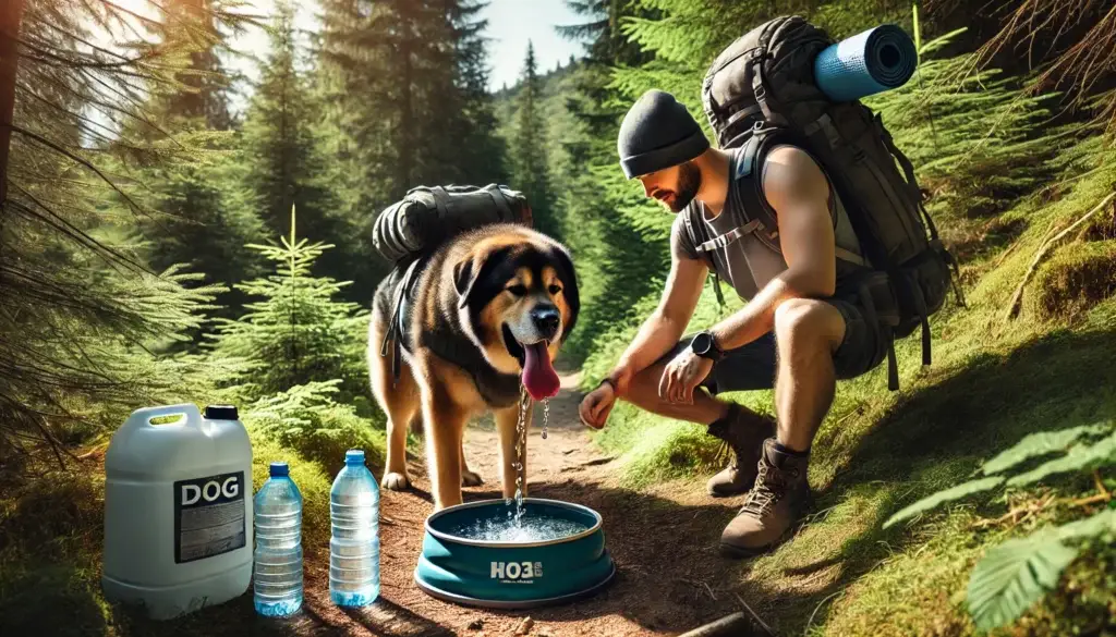 Randonneur prenant une pause sur un sentier forestier, avec un gros sac à dos contenant de l'eau et des provisions supplémentaires. Le chien, fatigué, boit de l'eau dans une gamelle pliable.