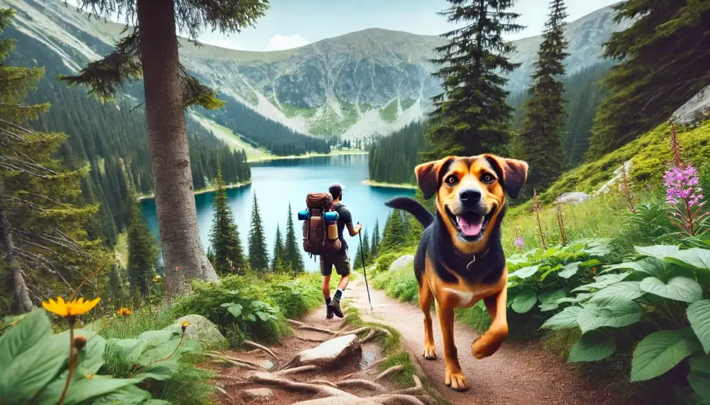 A person hiking a mountain trail with an energetic dog, surrounded by lush forests and a serene lake in the background