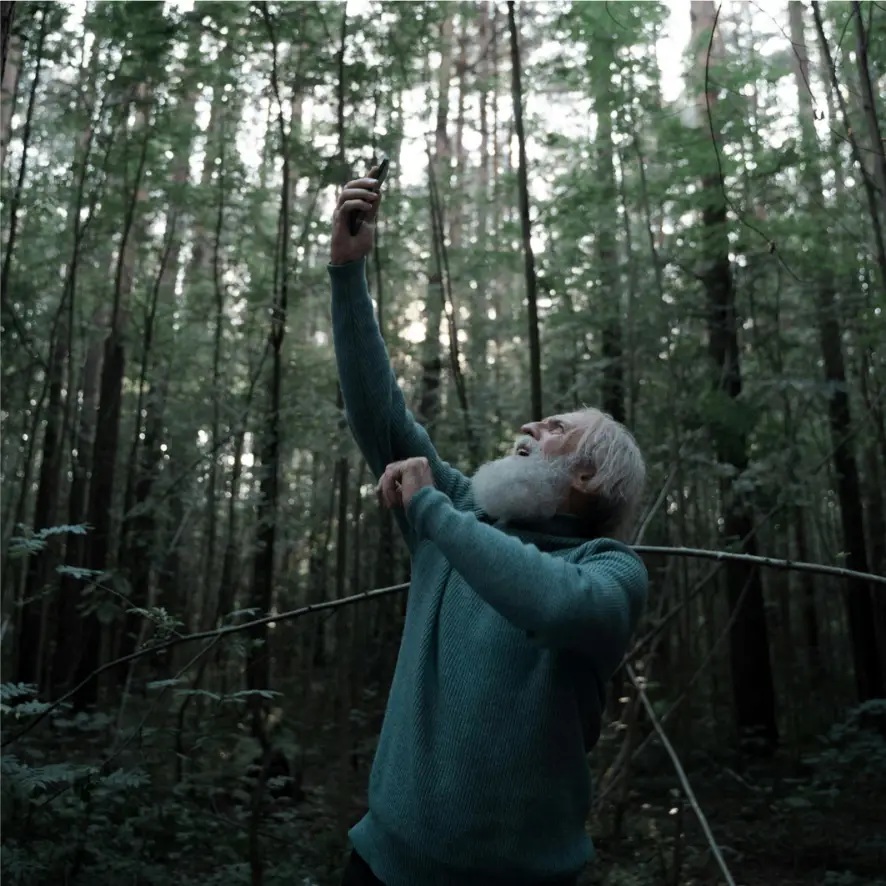 An elderly man with a white beard and a blue sweater stands among tall trees in a dense forest, raising his smartphone and looking upwards, as if trying to get a signal. The forest is lush and green and the sunlight filters through the trees.