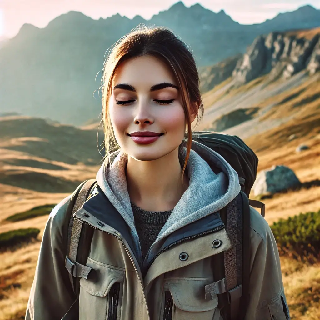 Un randonneur serein en montagne, les yeux mi-clos et un léger sourire aux lèvres, vêtu d'une tenue de randonnée comprenant une veste confortable, des bottes de marche robustes, et un petit sac à dos. Le paysage de fond présente des montagnes paisibles avec des pentes douces, des affleurements rocheux, et des sommets lointains sous un ciel dégagé