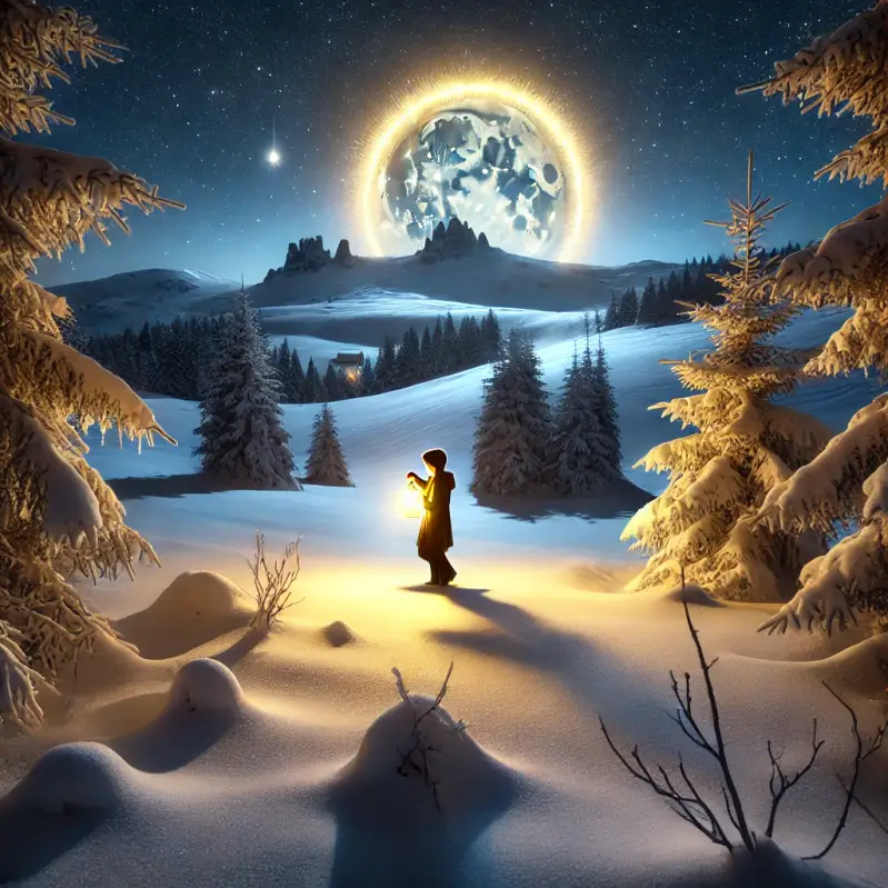 Mystical scene of a shepherd in the snow, facing a golden flame suspended in the air, surrounded by a luminous halo. The starry sky and the magical atmosphere of the mountain reinforce the magical atmosphere.