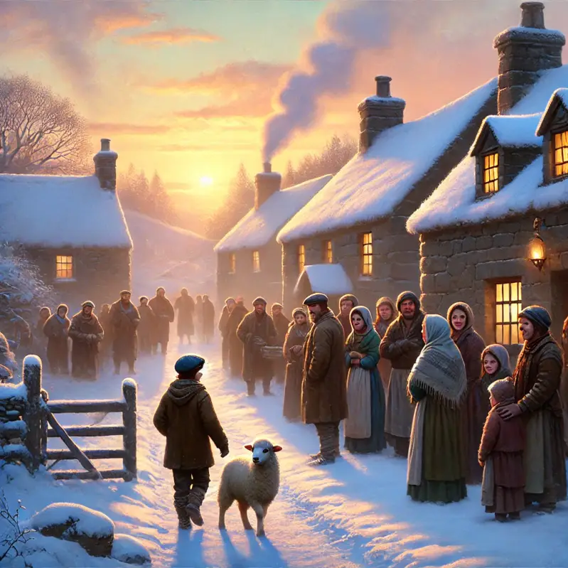 Peaceful scene of a snowy village at sunrise, a shepherd walks down a snow-lined path, welcomed by curious and warm villagers. Stone houses emit soft light and chimneys smoke in the cold air.