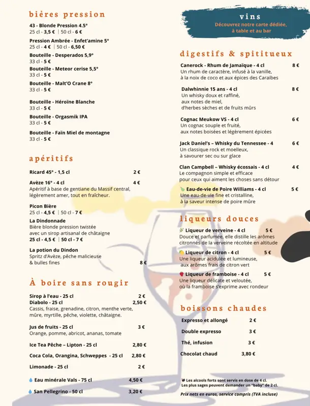 Carte des boissons Jean le Dindon Chaudeyrolles