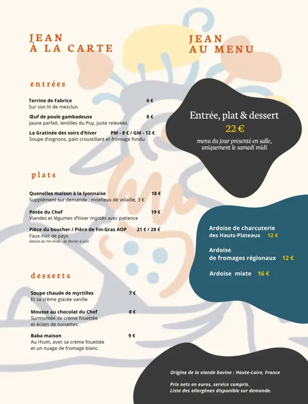 Menu Jean le Dindon Chaudeyrolles, automne-hiver 2025