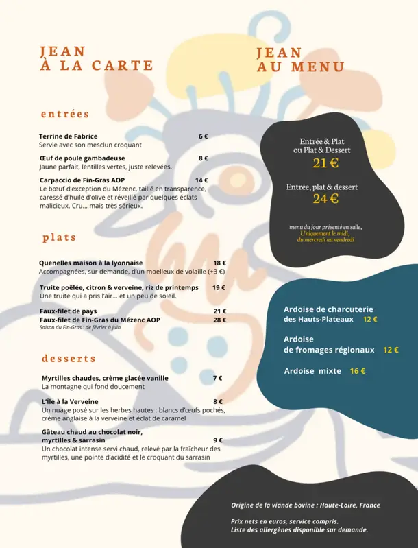 Menu printemps-été 2026 de l'auberge Jean le Dindon à Chaudeyrolles