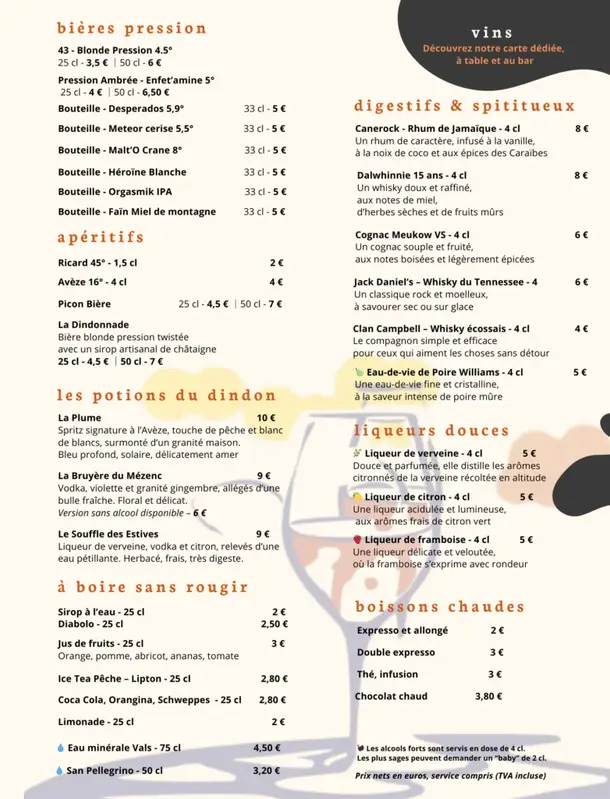 Carte des boissons 2026 de l'auberge Jean le Dindon à Chaudeyrolles