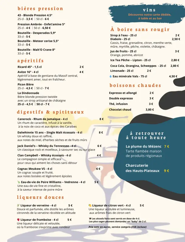Carte des boissons de l'auberge Jean le Dindon à Chaudeyrolles