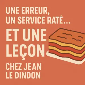 Le texte français sur fond orange se lit comme suit : "Une erreur, un service raté... et une leçon chez Jean le Dindon", avec une illustration d'un plat à plusieurs étages.