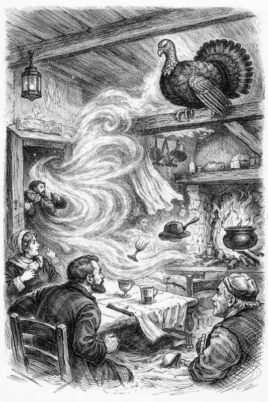 Illustration en noir et blanc d’une burle entrant dans une auberge du Mézenc, soufflant près d’un feu de cheminée sous le regard d’un dindon perché.